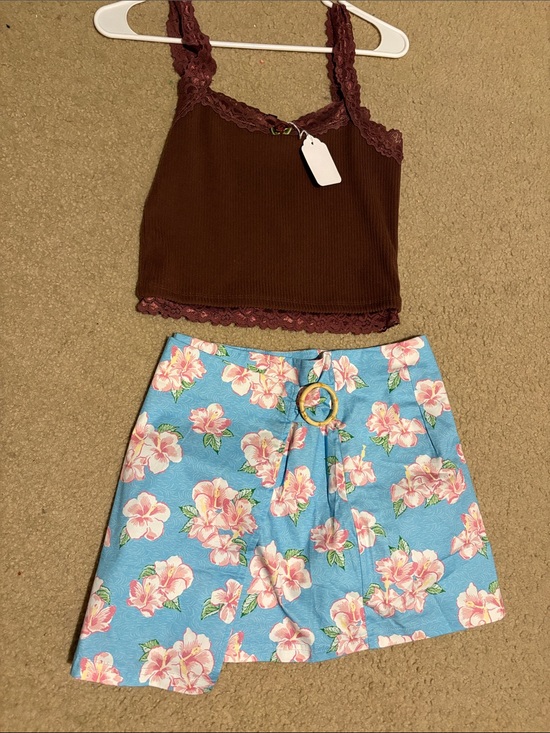 dELiA*s Dresses & Skirts - dELiA*s Brown Lace Trim Crop Top & Blue Floral Mini Skirt